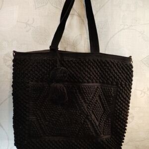 Panache Women’s Handwoven Black Diamond Pattern Tote Bag with Tassel